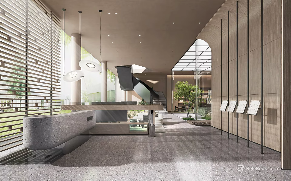 Modern Reception Desk Interior Space With Natural Light Green Plants Hanging Lights And Sleek Design 3d model 