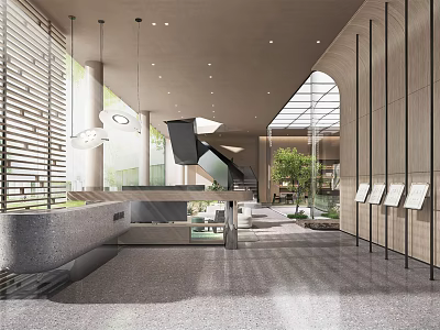 Modern Reception Desk Interior Space With Natural Light Green Plants Hanging Lights And Sleek Design 3d model
