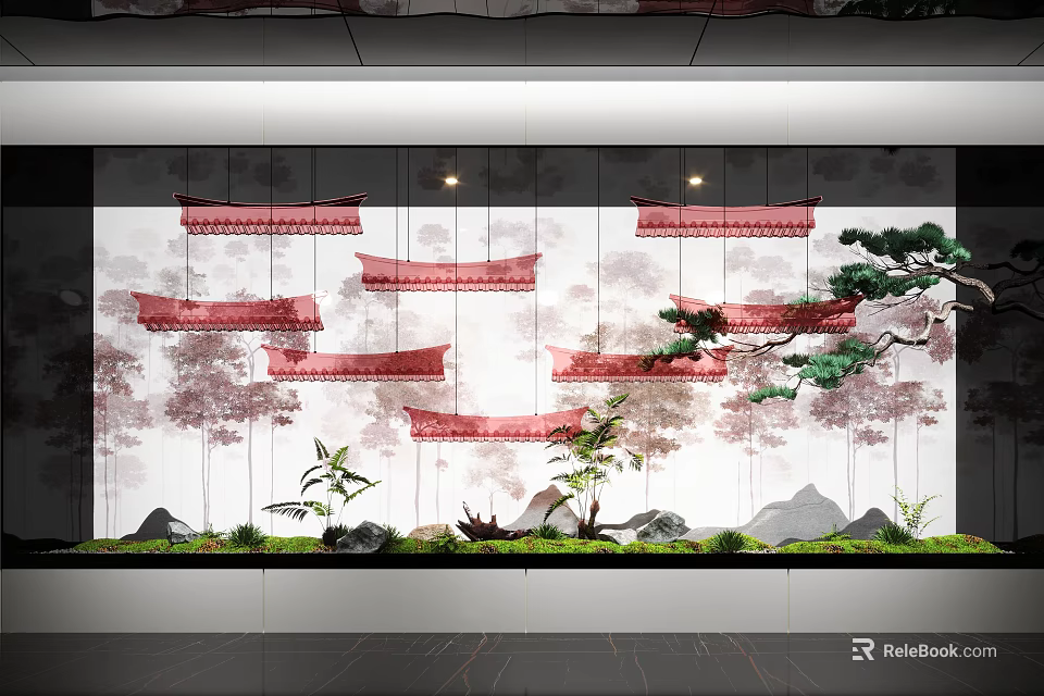Indoor Landscape With Red Hanging Structures Tree Patterns On White Background Green Plants And Stones 3d model