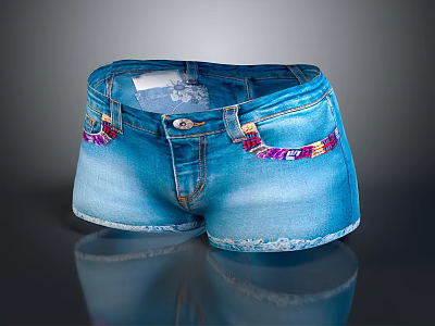 Light Blue Denim Shorts With Distressed Hem And Colorful Decorative Trim 3d model