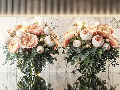 Glass Vases With Pink Roses White Peonies And Greenery On Marble Countertop With Soft Lighting 3d model
