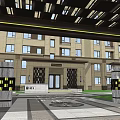 Modern Commercial Street With Metal Pergola Greenery Water Feature And Walkway