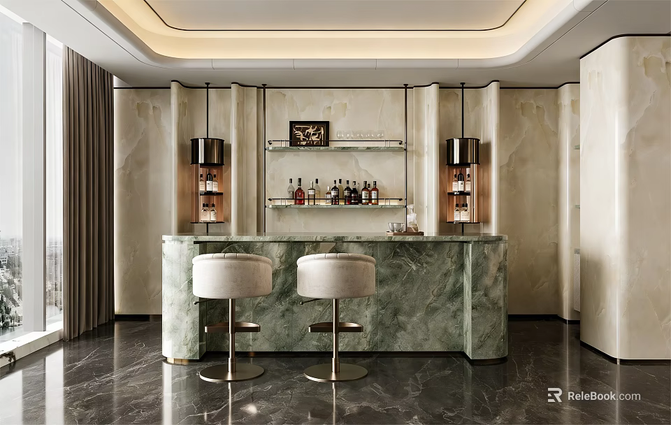 Luxurious Restaurant Bar With Green Marble Counter White Stools Light Marble Walls And Lamps 3d model 
