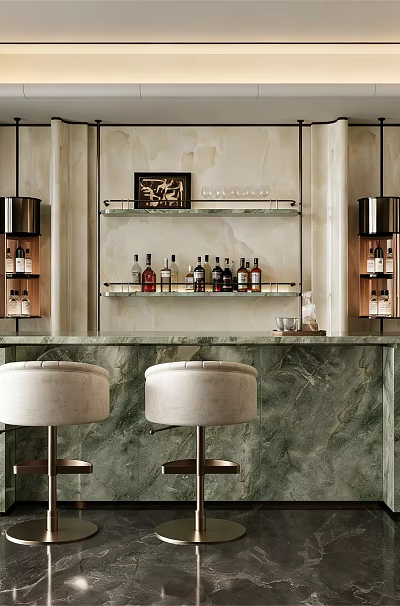 Luxurious Restaurant Bar With Green Marble Counter White Stools Light Marble Walls And Lamps 3d model