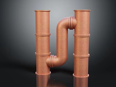 Two Vertical Copper Pipes With Curved Connecting Rusty Red On Dark Background With Reflection 3d model