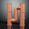 Two Vertical Copper Pipes With Curved Connecting Rusty Red On Dark Background With Reflection