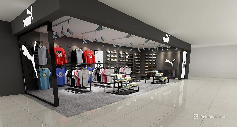 Puma Clothing Store Interior with T shirts Shoes Shelves and Ceiling Lighting 3d model 
