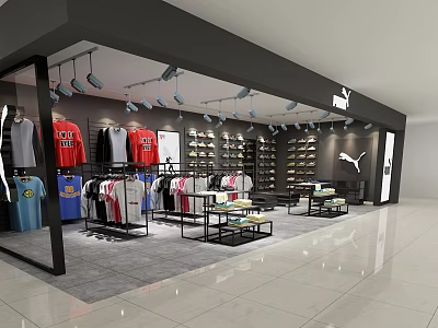 Puma Clothing Store Interior with T shirts Shoes Shelves and Ceiling Lighting 3d model