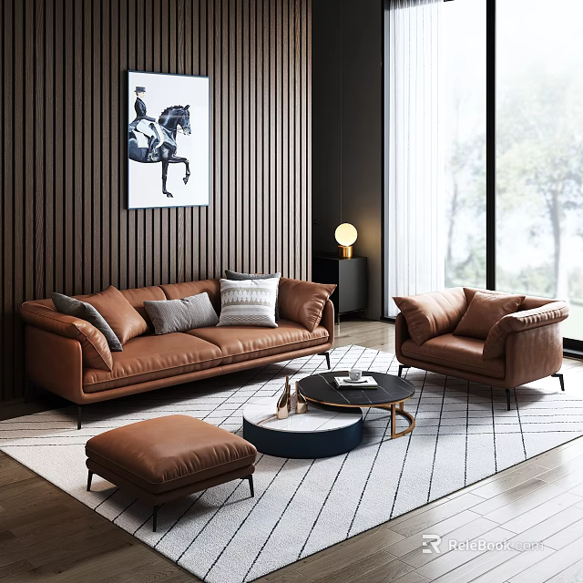 Modern Brown Leather Sofa Round Coffee Table Set With Armchair Ottoman And Wooden Wall 3d model 