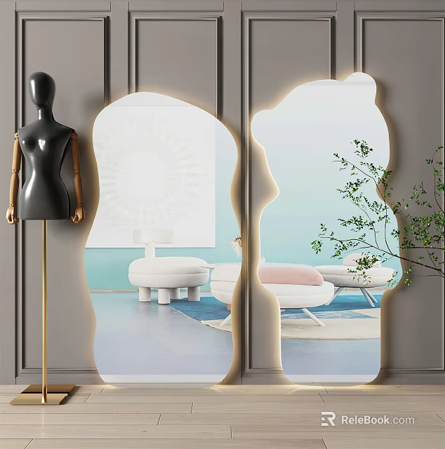Irregular Shaped Mirrors in Modern Living Room with Mannequin Sofa and Plant 3d model 