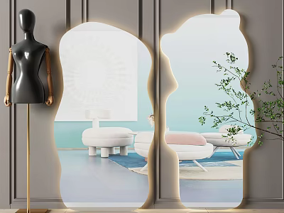 Irregular Shaped Mirrors in Modern Living Room with Mannequin Sofa and Plant 3d model