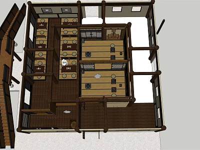 Traditional Wooden Teahouse Interior Design With Tables Chairs And Open Layout 3d model