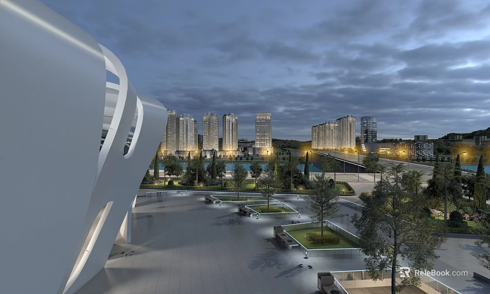 Modern Urban Landscape With High Rise Buildings Plaza Greenery And Evening Sky 3d model 