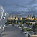 Modern Urban Landscape With High Rise Buildings Plaza Greenery And Evening Sky
