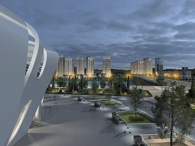 Modern Urban Landscape With High Rise Buildings Plaza Greenery And Evening Sky 3d model