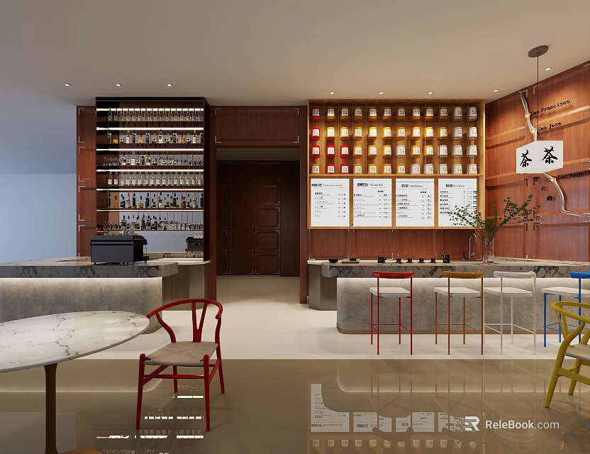 Modern Bubble Tea Shop Interior Design With Wooden Decor And Colorful Seating Area 3d model 