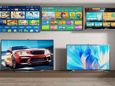 Smart TVs Displaying Various Interfaces And Scenes In Living Room 3d model