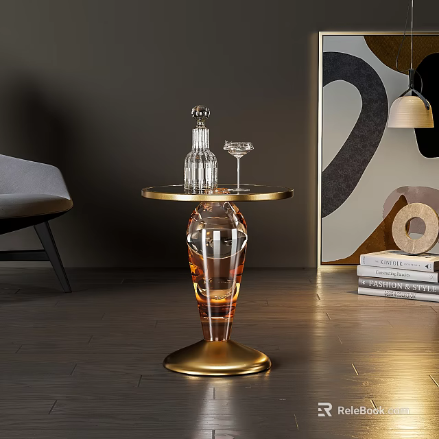 Elegant Modern Side Table With Gold Base Featuring Transparent Bottle And Wine Glass 3d model 