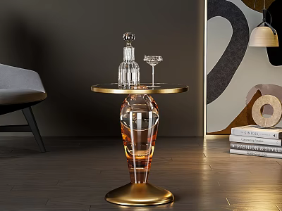 Elegant Modern Side Table With Gold Base Featuring Transparent Bottle And Wine Glass 3d model