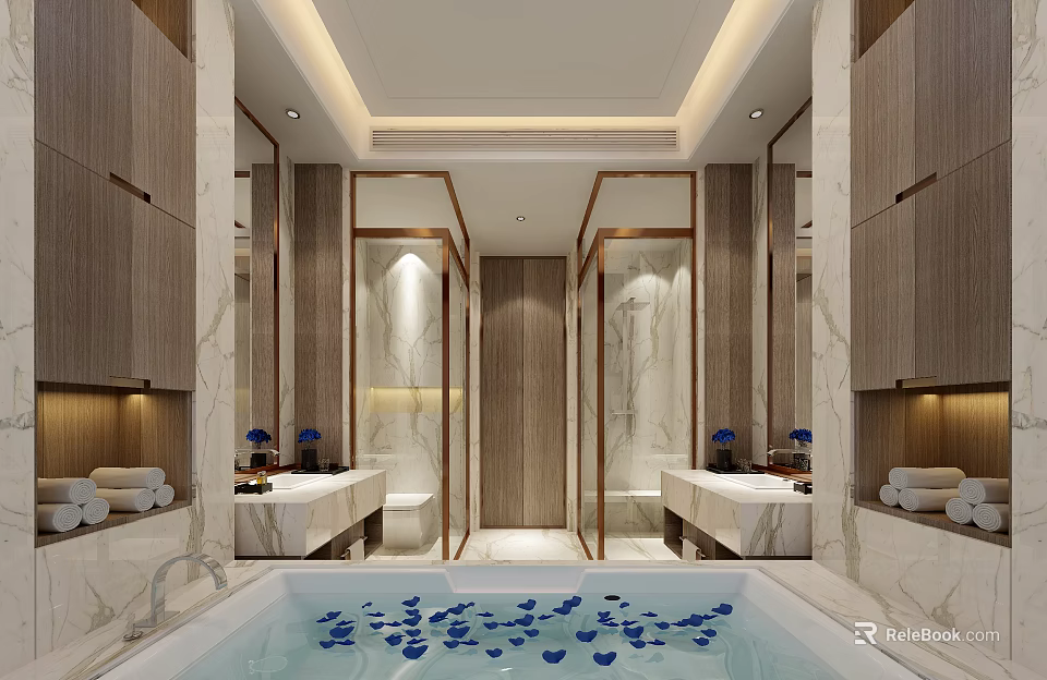 Luxurious Hotel Bathroom Interior With Double Vanities Freestanding Tub And Marble Accents 3d model 