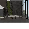 Modern Hotel Public Lounge Area With Stone Wall Greenery Wooden Furniture And Large Windows