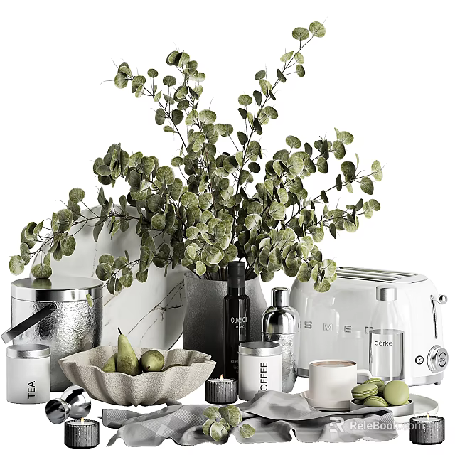 Decorative Ornament Set with Green Eucalyptus Vase Pears Coffee Canister Mugs and Macarons 3d model 