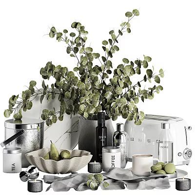 Decorative Ornament Set with Green Eucalyptus Vase Pears Coffee Canister Mugs and Macarons 3d model