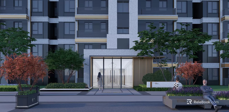 Modern Garden Landscape Design With Building Entrance Glass Door And Greenery 3d model 