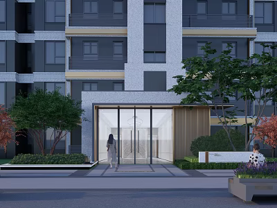 Modern Garden Landscape Design With Building Entrance Glass Door And Greenery 3d model