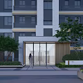 Modern Garden Landscape Design With Building Entrance Glass Door And Greenery