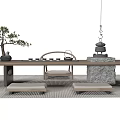 Zen Style Tea Table And Floor Cushions With Bonsai Tree Stone Stack And Tea Mat 3d model