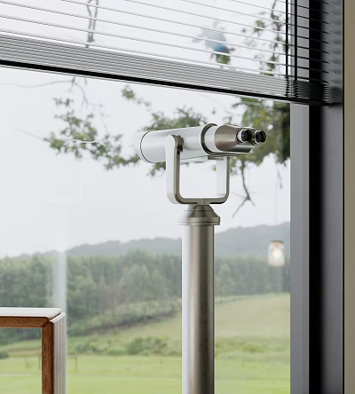 Commercial Telescope Equipment with Metal Stand by Window Offering Clear Outdoor View 3d model
