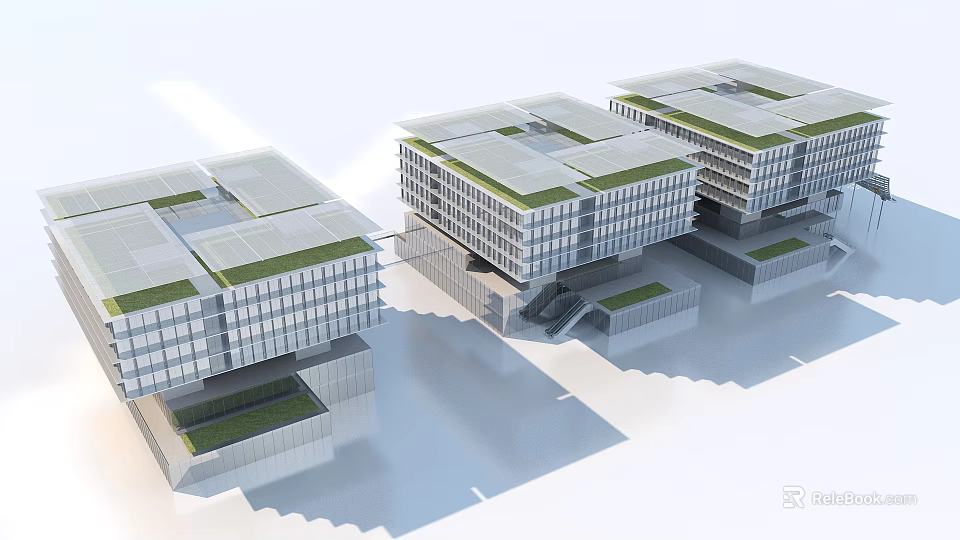 Modern Office Building Complex Featuring Green Roofs Glass Facades And Connected Structures 3d model
