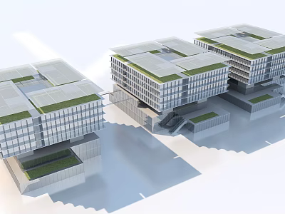 Modern Office Building Complex Featuring Green Roofs Glass Facades And Connected Structures 3d model