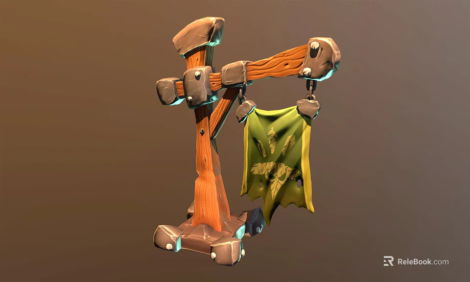 Rustic Wooden Stand With Hanging Green Banner And Metal Decorative Details 3d model 