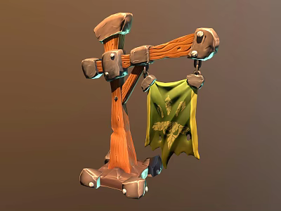 Rustic Wooden Stand With Hanging Green Banner And Metal Decorative Details 3d model