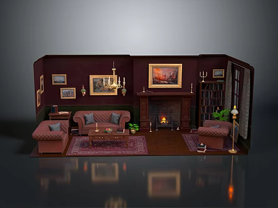 Cozy Double Bed In Bedroom With Maroon Walls Paintings And Warm Fireplace 3d model