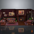 Cozy Double Bed In Bedroom With Maroon Walls Paintings And Warm Fireplace