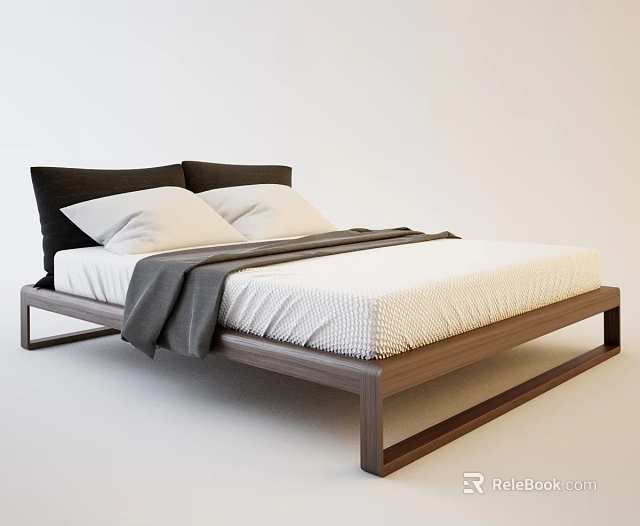 Modern Minimalist Double Bed With Black Headboard White Pillows And Gray Blanket 3d model 