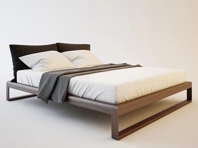 Modern Minimalist Double Bed With Black Headboard White Pillows And Gray Blanket 3d model