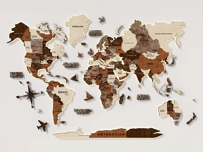 Wooden World Map Wall Decor with Colored Regions and Compass for Home Decoration 3d model