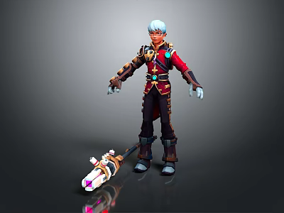Game Movie Character With White Hair Red Top Black Pants And Decorative Weapon 3d model