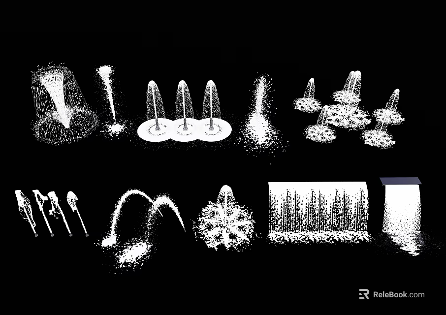 Various Decorative Fountain Designs Featuring Different Water Jet Shapes And Spray Patterns 3d model