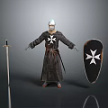Standing Medieval Knight Character With Sword Shield And White Cross Emblem 3d model