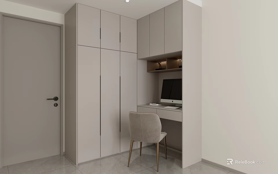 Modern Light Gray Wardrobe Interior Design With Integrated Desk And Computer Setup 3d model