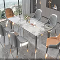 Modern Dining Table Set With Marble Top Gray And Orange Dining Chairs