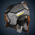 Two Sci Fi Helmets In Orange White Gray Gold With Red Indicator And Triangle Logo