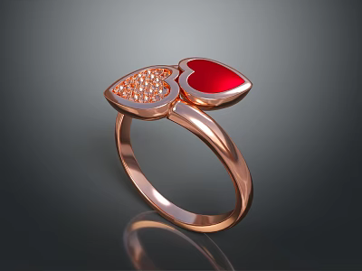 Rose Gold Ring With Heart Shaped Design Red Heart And Crystal Inlaid 3d model