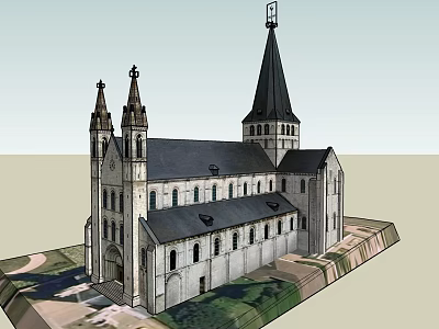 Classic Church Building Featuring Spire Towers Gray Roof And Arched Windows 3d model