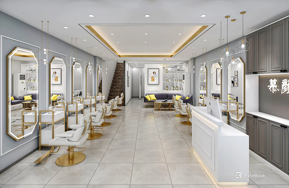 Modern Beauty Hair Salon Interior With Styling Chairs Mirrors Reception Desk And Gold Accents 3d model 